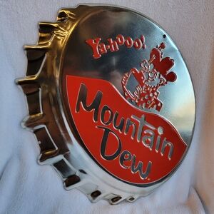 Mountain Dew Bottle Cap Embossed Tin Metal Sign Hillbilly Ande Rooney 16" X 18"